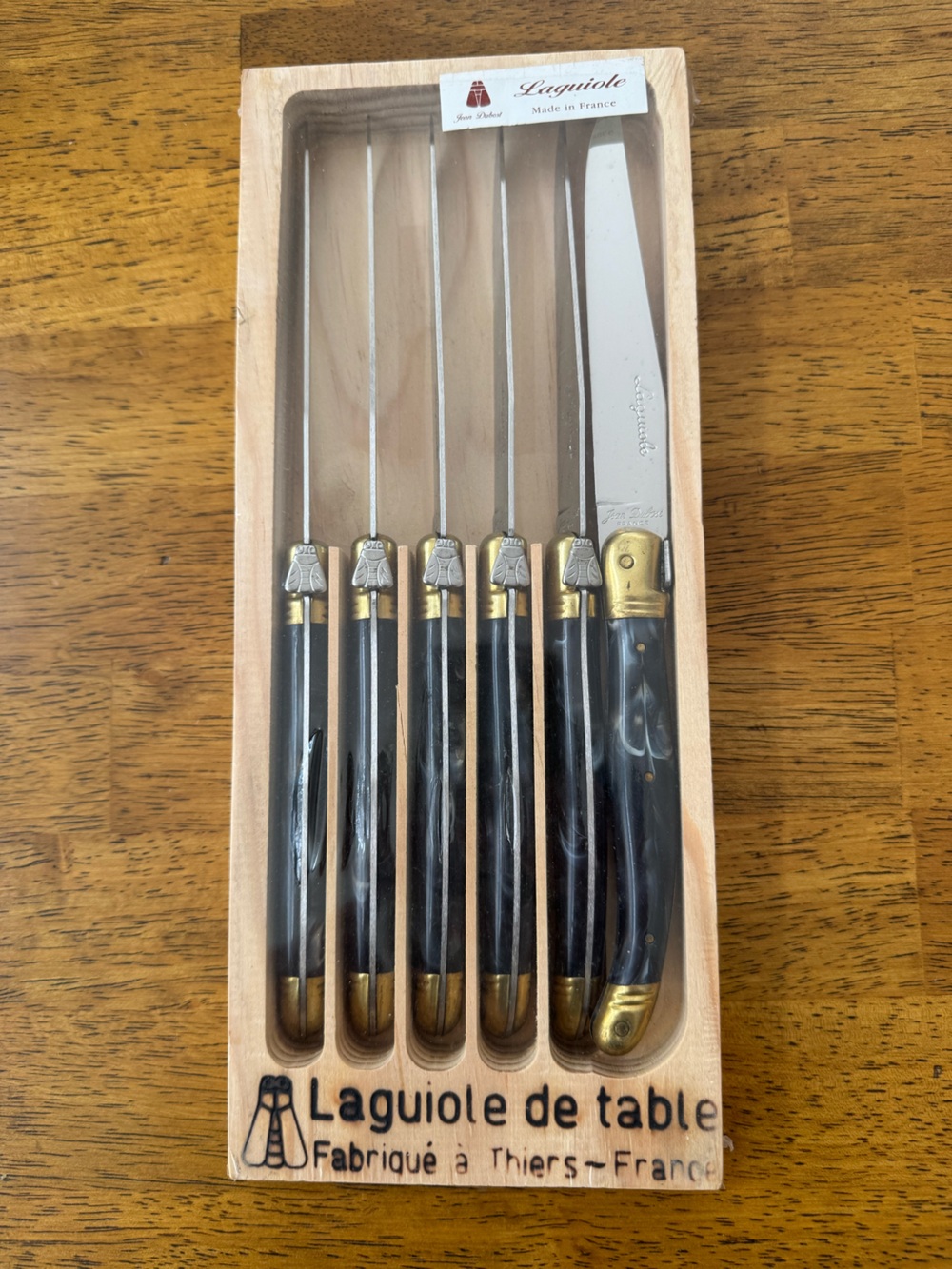 Laguiole Black Handle 6-Piece Steak Knife Set with Brass Accents
